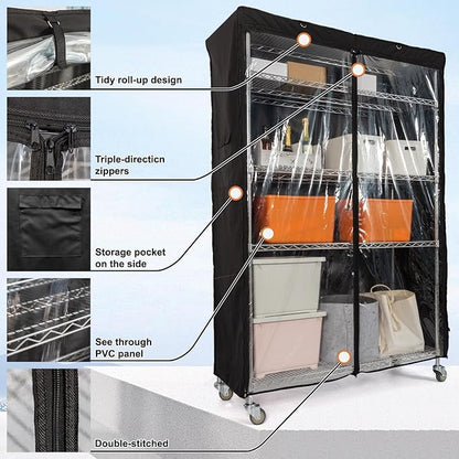 YLOVAN Storage Shelf Cover Wire Rack Shelving Dust Protective, Fits Racks 48" L x 19'' D x 72'' H Black with One Side See Through Panel (Cover only)