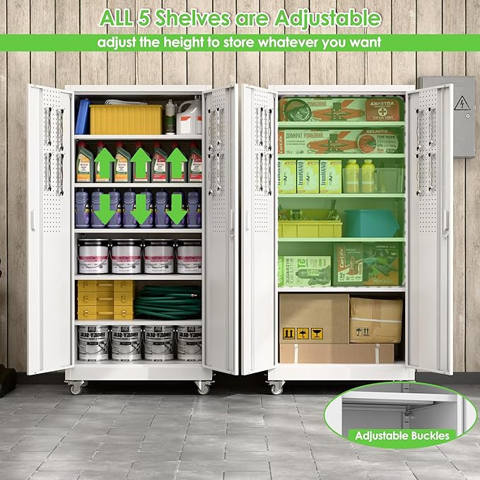 71" H Garage Storage Cabinet with Wheel, Metal Storage Cabinet with Doors,5 Adjustable Shelves and Pegboard for Garage Home Office,Required Assembly,White,71" H×32" W×16" D