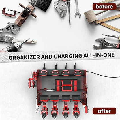 NWH Power Tool Organizer Wall Mount with Charging Station，3 Layer Storage Rack for Organization 4 Drill Storage Shelf with Hooks, Drill Bit Heavy Duty Rack, with 8 Outlet Power for Garage and Workshop