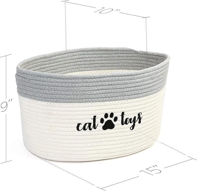 PrimePets Cat Toy Basket, Cotton Rope Storage Basket with Handles, Small Woven Pet Box Bin for Blankets, 15x10x9 inch Cat Holder Container, White and Grey