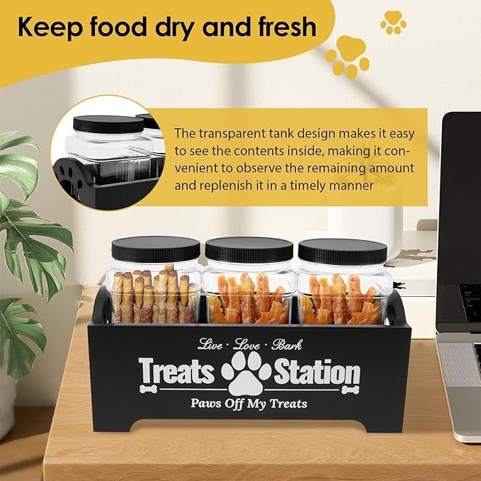 Dog Treat Container with 3 Plastic Treat Jars Wood Dog Food Container with Handles Dog Food Storage Container Decorative Cat Food Container for Dog Food Storage (Black)