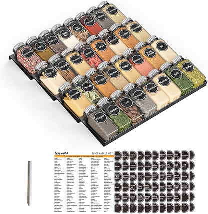 SpaceAid Spice Drawer Organizer with 32 Spice Jars, 386 Spice Labels, 4 Tier Seasoning Rack Tray Insert for Kitchen Drawers, 15" Wide x 17.5" Deep
