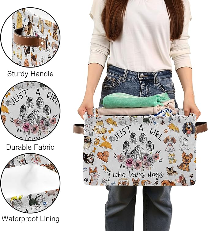 Paw Print Storage Basket - Birthday Christmas Gift for Dog Lovers - "Just a Girl Who Loves Dogs" Themed Collapsible Storage Bin with Handles - Rectangle Storage Organizer for Home, Shelves, Closet