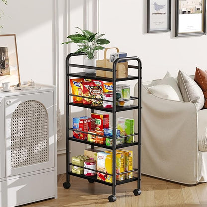 Slim Storage Cart, 4-Tier Small Rolling Cart with Wheels, 9.1" Deep, Narrow Bathroom Shelf Trolley for Kitchen, Bathroom, Laundry Room, Black Large 4-Tier (9.1" W x 33.6" H)