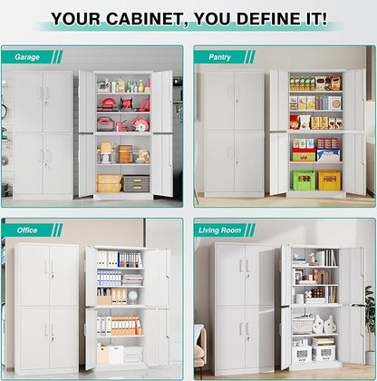 Metal Storage Cabinet with 3 Adjustable Shelves,White Storage Cabinet with Lock,71" Lockable Metal Cabinets with Locking Doors,Tall Steel Pantry Cabinets 4 Door for Home,Office,Garage,Bathroom,Kitchen