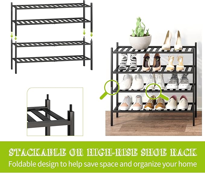 BMOSU 2-Tier Bamboo Extended Shoe Rack Premium Stackable Shoe Shelf Storage Organizer for Hallway Closet Living Room Entryway Organizer (Black Bamboo)