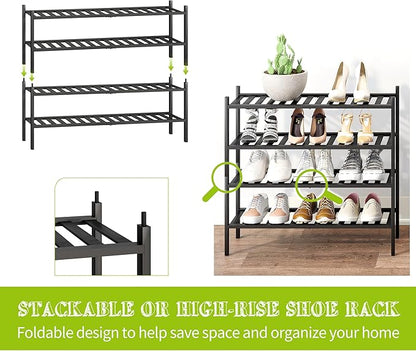 BMOSU 2-Tier Bamboo Extended Shoe Rack Premium Stackable Shoe Shelf Storage Organizer for Hallway Closet Living Room Entryway Organizer (Black Bamboo)