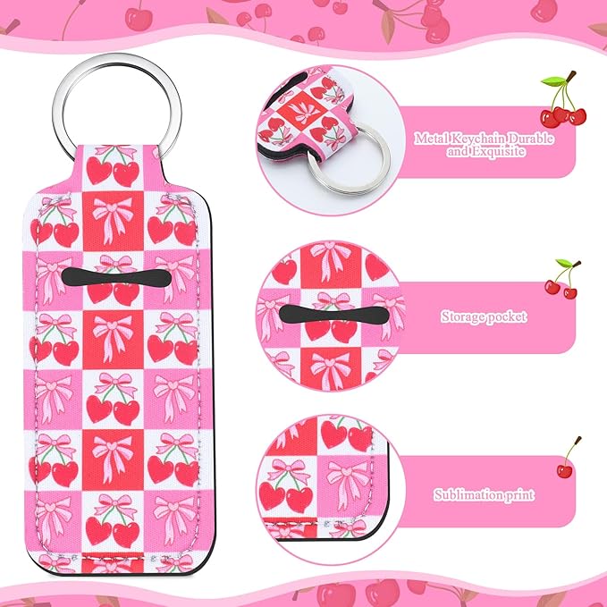 12 Pcs Lipstick Holder Keychain Bulk Cute Pocket Lip Balm Holder Keychain Backpack Purse Accessories for Women Lip Gloss Sleeve Pouch, 6 Style (Cherry Bow)