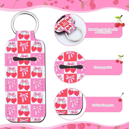 12 Pcs Lipstick Holder Keychain Bulk Cute Pocket Lip Balm Holder Keychain Backpack Purse Accessories for Women Lip Gloss Sleeve Pouch, 6 Style (Cherry Bow)