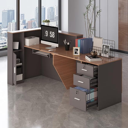 L-Shaped Reception Desk with Lockable Drawers, Adjustable File Cabinet & Keyboard Tray, Modern Front Counter for Office, Salon, or Lobby (Right-L Walnut/Slate Gray, 86.6''L x 23.6''W x 41.3''H)
