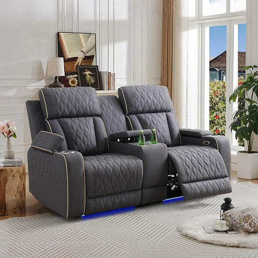Power Recliner Loveseat Recliner Sofa, Living Room Furniture Sets with LED, Sanded Leather Reclining Loveseat with Cup Holders,Hidden Storage,Double Seat Recliner Couch for Living Room,Office