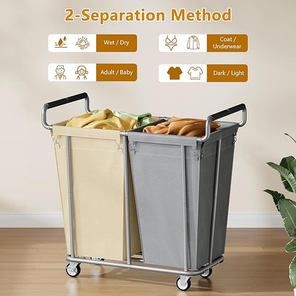 Large laundry hamper with Wheels, 2 Bag 360L Big Rolling Laundry Basket Sorter Cart, Extra Large Laundry Clothes Hamper, Heavy Duty Laundry Basket Organizer for Laundry Room,Bathroom