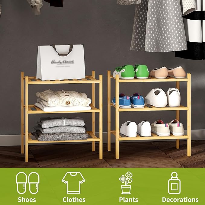 BMOSU 3-Tier Bamboo Small Shoe Rack Premium Stackable Shoe Shelf Storage Organizer for Hallway Closet Living Room Entryway Organizer (Natural Bamboo)