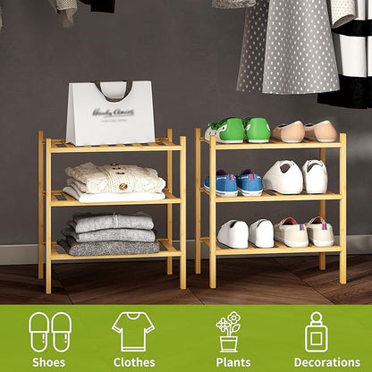 BMOSU 3-Tier Bamboo Small Shoe Rack Premium Stackable Shoe Shelf Storage Organizer for Hallway Closet Living Room Entryway Organizer (Natural Bamboo)