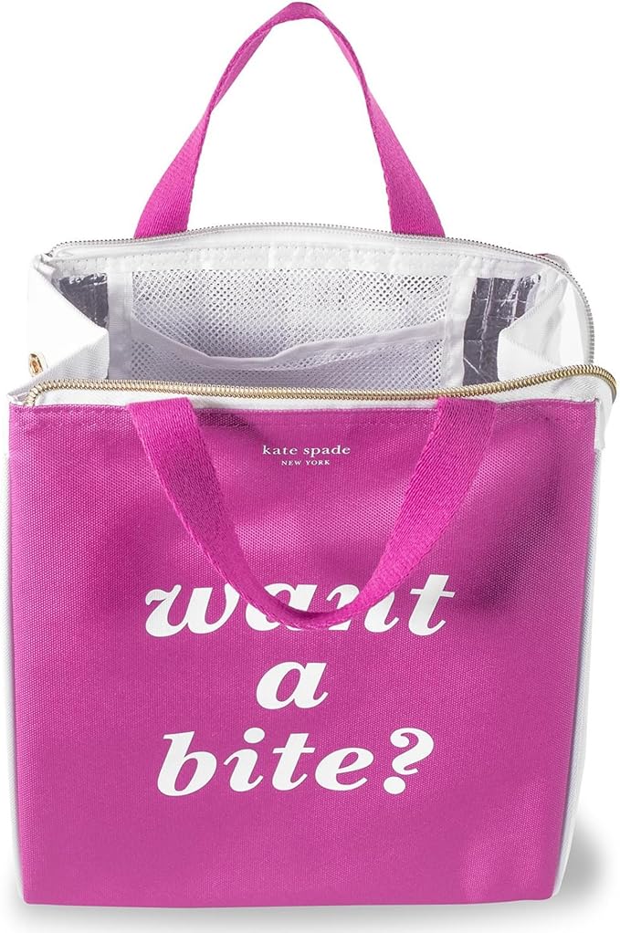 kate spade new york Cute Lunch Bag for Women, Large Capacity Lunch Tote, Adult Lunch Box with Silver Thermal Insulated Interior Lining and Storage Pocket, Colorblock, Want A Bite