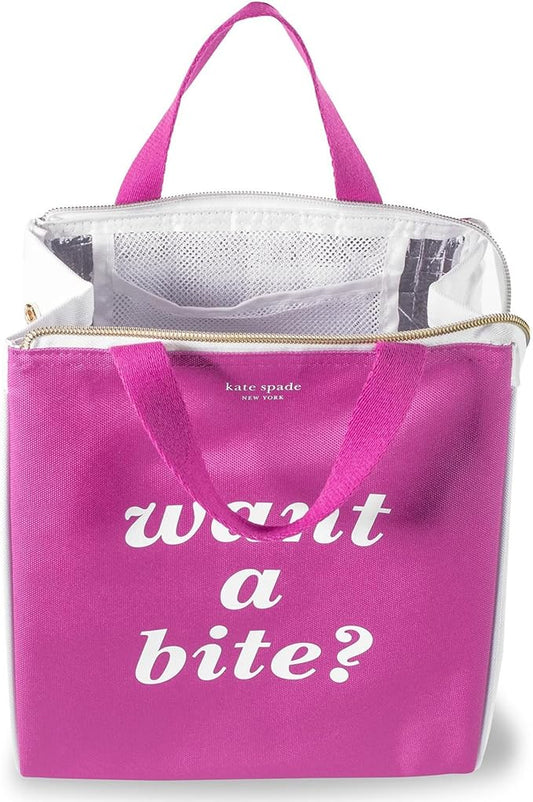 kate spade new york Cute Lunch Bag for Women, Large Capacity Lunch Tote, Adult Lunch Box with Silver Thermal Insulated Interior Lining and Storage Pocket, Colorblock, Want A Bite