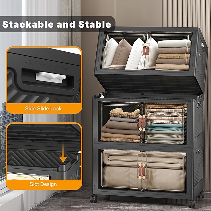 Extra Large Stackable Storage Bins with Lids & Wheels & Door,Foldable Collapsible Closet Organizers, Plastic containers drawers for bedroom Dorm (Dark-112QT, 3Pack with 1 top lid)