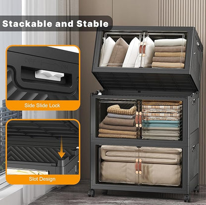 Extra Large Stackable Storage Bins with Lids & Wheels & Door, 672QT-112QT/28GAL*6Pack Foldable Collapsible Closet Organizers, Plastic containers drawers for bedroom Dorm