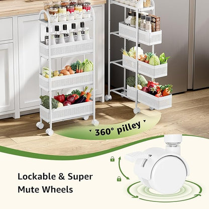 KINGRACK 4-Tier Slim Storage Cart with 3 Pull Out Basket, Rolling Bathroom Organizer Utility, Metal Shelving Unit Slide Out, Lockable Wheels, Easy Assembly for Narrow Place, Kitchen, Office, White