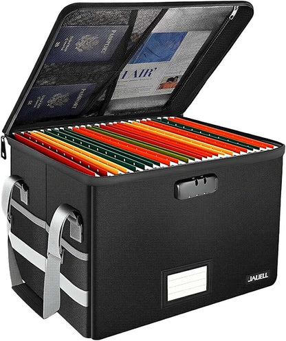 File Box with Lock, Fireproof Document Box File Organizer with Zipper & Adjustable Handle, Collapsible File Storage Box for Home Office, Filing Cabinet for Hanging Letter/Legal Folder