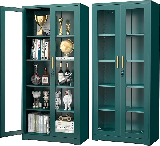 Curio Cabinets with Glass Doors, 71" Glass Display Cabinet with Lock, Tall Bookcase with Adjustable Shelves, Locking China Cabinet for Living Room, School, Commercial, Office, Plant, Green