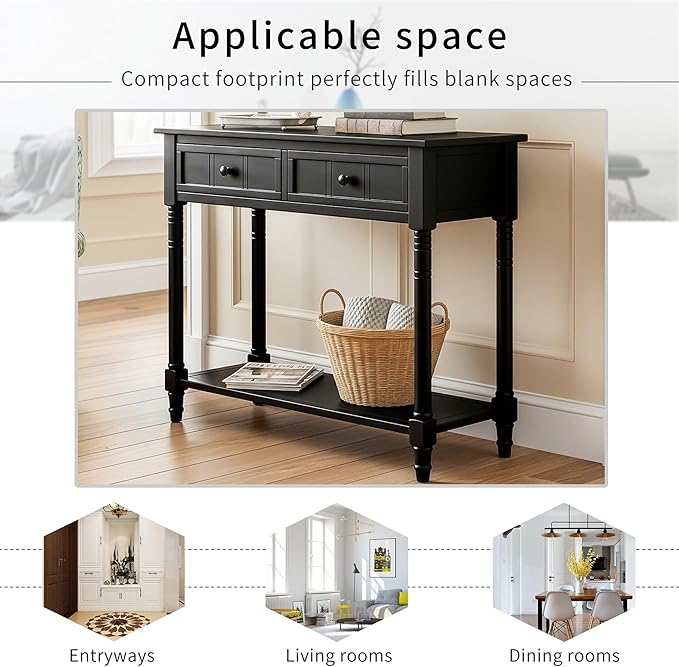 35.34" Console Table Traditional Design with Two Drawers and Bottom Shelf,Black