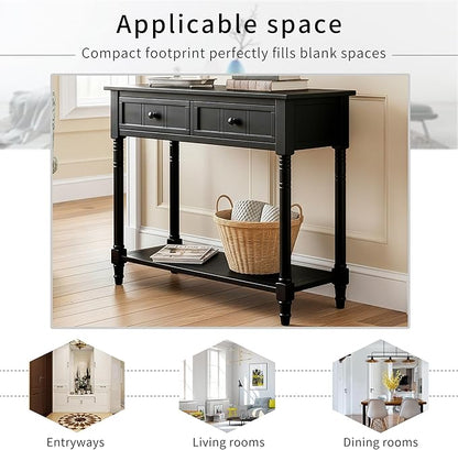35.34" Console Table Traditional Design with Two Drawers and Bottom Shelf,Black