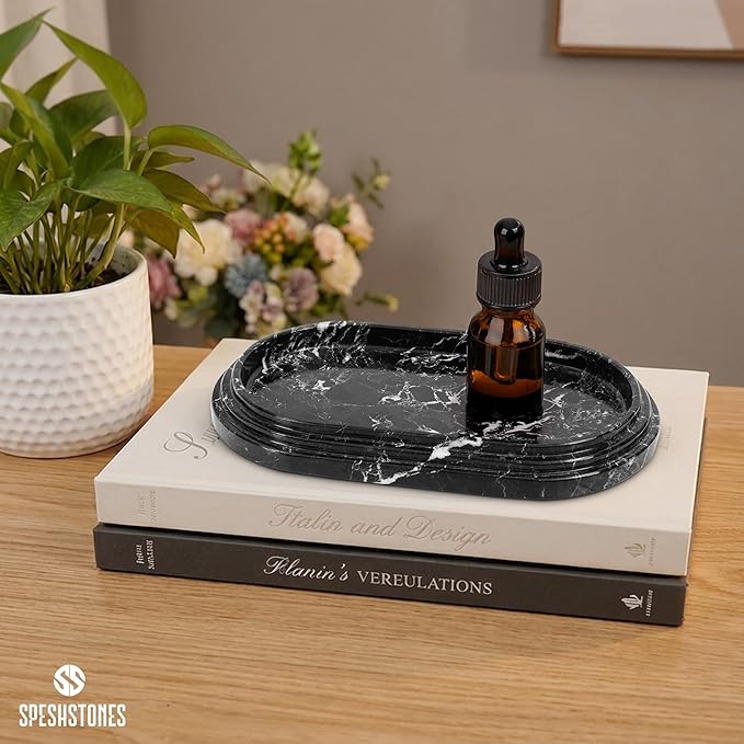 Marble Tray 9.75 Inch Handmade Black Bathroom Tray for Countertop Décor - Decorative Trays for & Gifts for her, Perfume, Candle, Jewelry & Vanity Accessories