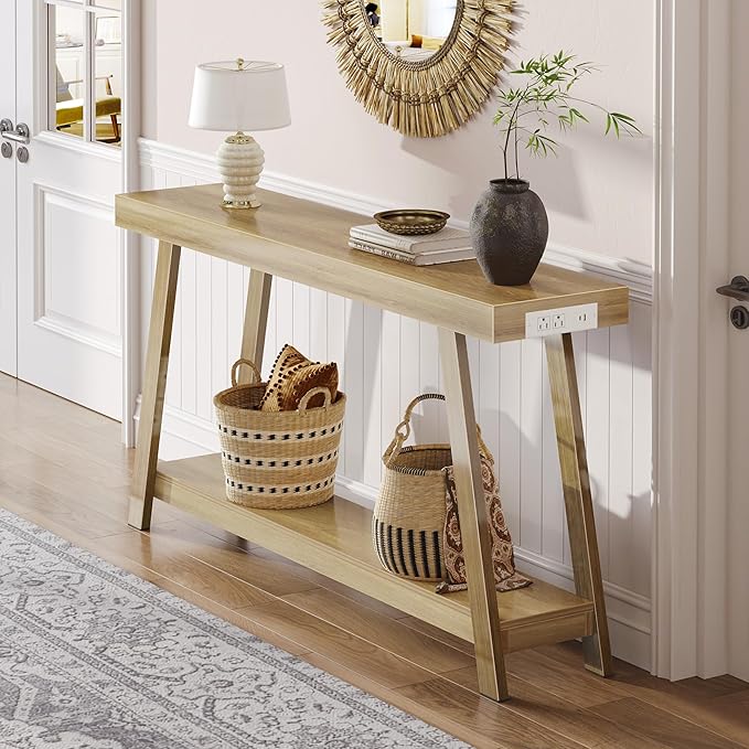 Huuger Console Table with Charging Station, USB-C Port, 2 Tiers Entryway Table, 53.9 Inch Sofa Table with Metal Legs, Entry Hallway Table with Thicker Desktop, Modern Behind Couch Table, Natural