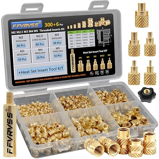 300+6Pcs M2 M2.5 M3 M4 M5 Premium Brass Threaded Inserts, Metric Brass Knurled Nuts Assortment Kit, with Heat Set Insert Tool, for Plastic and 3D Printing Components, All-in-one Solutions