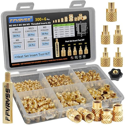 300+6Pcs M2 M2.5 M3 M4 M5 Premium Brass Threaded Inserts, Metric Brass Knurled Nuts Assortment Kit, with Heat Set Insert Tool, for Plastic and 3D Printing Components, All-in-one Solutions