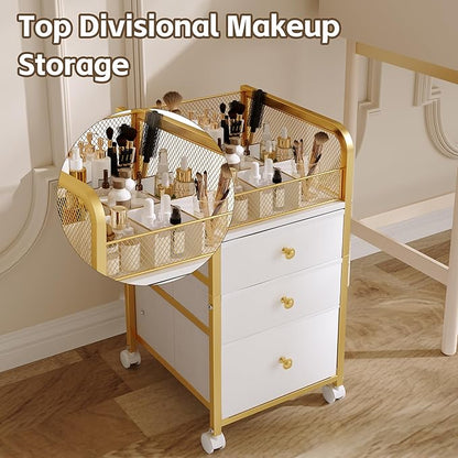 Rolling Makeup Vanity Cart, Makeup Organizer with Drawers, Rolling Makeup Bathroom Storage Cart, Cosmetic Vanity Display Cases Holder for Nail Polish Brush Hair Tool (Gold)