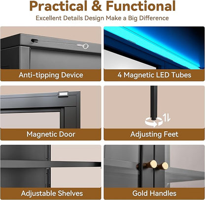 Glass Display Cabinet with 8-Color LED Lights, Black Curio Cabinet with Glass Doors, 66 Inch Tall Display Case for Collectibles, Metal Storage Cabinet for Living Room, Assembly Required