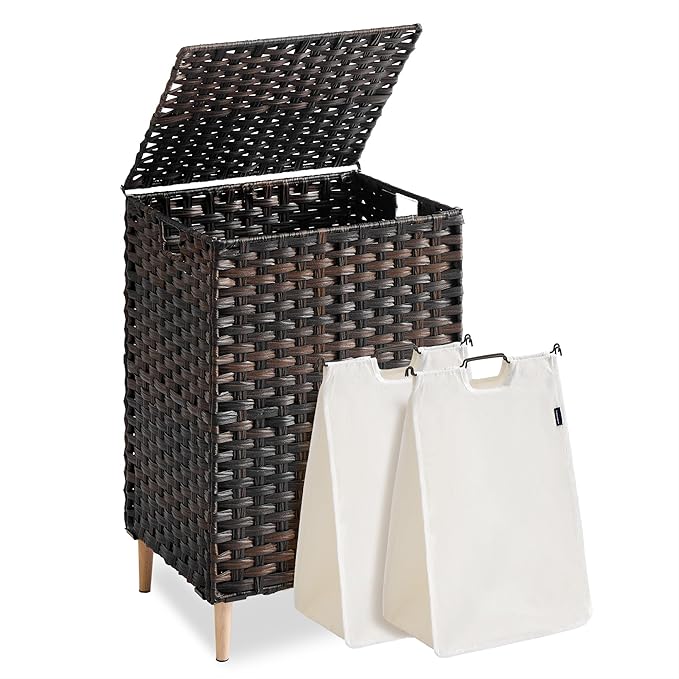 SONGMICS 2-Section Laundry Hamper with Lid, 29 Gal (110L) PE Rattan Laundry Basket with Removable Washable Liners, for Bedroom & Living Room, Chestnut Brown ULCB222ME01
