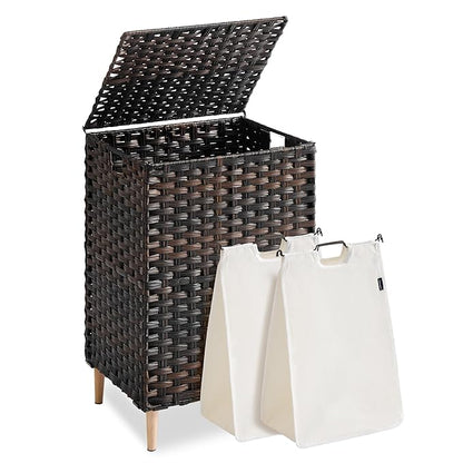 SONGMICS 2-Section Laundry Hamper with Lid, 29 Gal (110L) PE Rattan Laundry Basket with Removable Washable Liners, for Bedroom & Living Room, Chestnut Brown ULCB222ME01