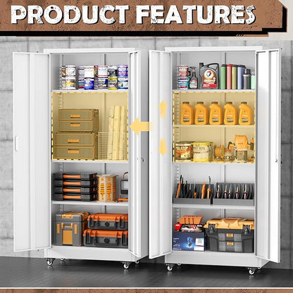 INTERGREAT Metal Garage Storage Cabinet with Wheels, Rolling Storage Cabinet with Locking Doors and 4 Adjustable Shelves,- 73" Steel Tool Cabinet for Home Office,Garage,Warehouse，White