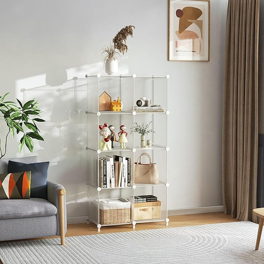 AWTATOS 8 Cube Storage Organizer, Closet Organizer Storage Shelf, Bookcase Bookshelf, DIY Stackable Storage Cubes Shelves for Closet, Bedroom, Home, Office, Transparent Twill