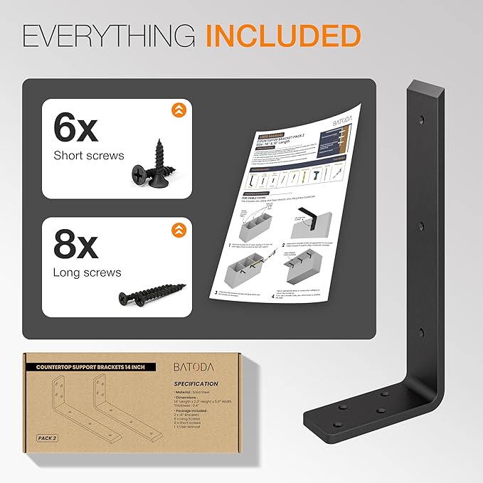 BATODA 14” Countertop Support Steel Brackets (2 pcs) for Large Granite - Heavy Duty L Floating Shelf Bracket - Black Metal Wall Mounted Support for Wood Shelving – Mounting Hardware Included