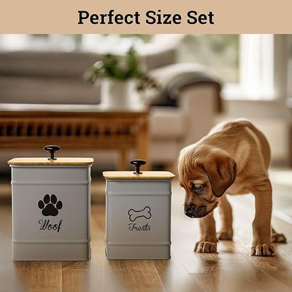 Dog Treat Container Airtight Set of 2 - 8x6 & 7x5 inch Iron Dog Treat Jars for Kitchen Counter with Airtight Bamboo Lids - 20 Cup Capacity Pet Treat Container Set - Doggie Cookie Jar - Treats Canister
