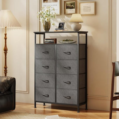 DUMOS TV Stands for Living Room with 8 Drawers, Tall 8-Drawer Chest of Drawers with Raised Shelf, Storage Tower with Fabric Bins for Organization, Hallway Storage, Grey