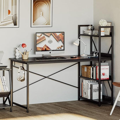 IRONCK Computer Desk 55" with Power Outlet and Storage Shelves, Study Writing Table with USB Ports Charging Station, PC Desk Workstation for Home Office, Black