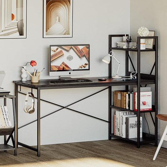 IRONCK Computer Desk 55" with Power Outlet and Storage Shelves, Study Writing Table with USB Ports Charging Station, PC Desk Workstation for Home Office, Black