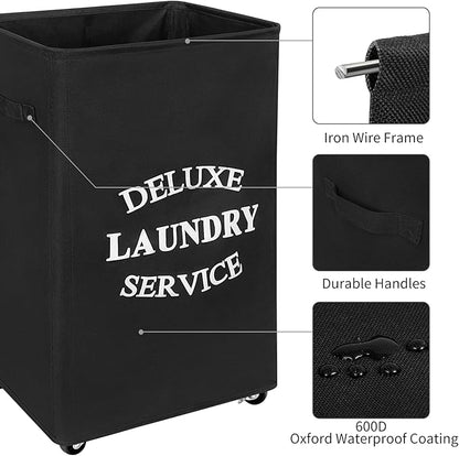WOWLIVE Large Rolling Laundry Basket Wheels 90L Collapsible Tall Laundry Hamper Handle Foldable Dirty Clothing Basket Fold up Rectangular Hampers for Laundry Dorm Room (Black)