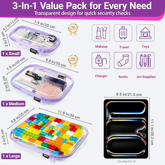 3 Pack Hard Sided Clear Zipper Case for Storage- Thickened-Grade Clear Hard Shell Zipper Case for Organizing Bead, Handicrafts, Sewing, Playdo (Purple, LMS)