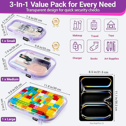 3 Pack Hard Sided Clear Zipper Case for Storage- Thickened-Grade Clear Hard Shell Zipper Case for Organizing Bead, Handicrafts, Sewing, Playdo (Purple, LMS)