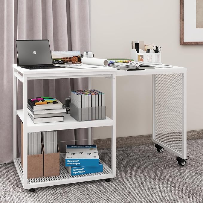 Natwind 24''x20''x29'' Large Printer Stand with Storage Shelves,Extendable Home Craft Table,Home Office Organization Desk, Versatile Table for Home Office, Kitchen, Study Room, Living Room (White)