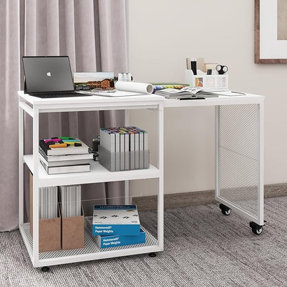Natwind 24''x20''x29'' Large Printer Stand with Storage Shelves,Extendable Home Craft Table,Home Office Organization Desk, Versatile Table for Home Office, Kitchen, Study Room, Living Room (White)