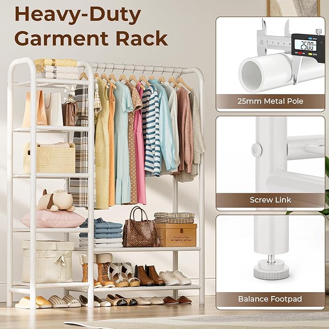 Heavy Duty Clothes Rack with 5 Tiers Shelves, Max Load 670LBS, Portable Freestanding Multi-Functional Metal Clothing Rack with Hanging Rods Organizer System for Bedroom Closet Wardrobe, White