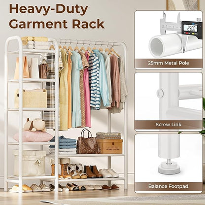 Heavy Duty Clothes Rack with 5 Tiers Shelves, Max Load 670LBS, Portable Freestanding Multi-Functional Metal Clothing Rack with Hanging Rods Organizer System for Bedroom Closet Wardrobe, White