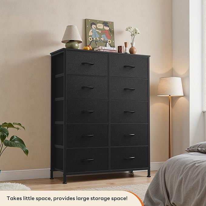 Sweetcrispy 10 Drawer Fabric Dresser Storage Tower with Bins, Tall Chest Organizer for Bedroom Closet Hallway, Steel Frame Wood Top Easy Pull Handles,Black